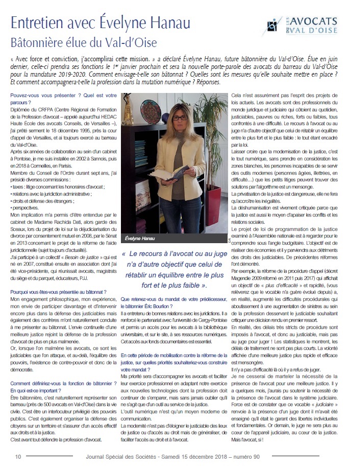Interview de la bâtonnière-Evelyne Hanau publiée dans le journal spécial sociétés 15.12.2018