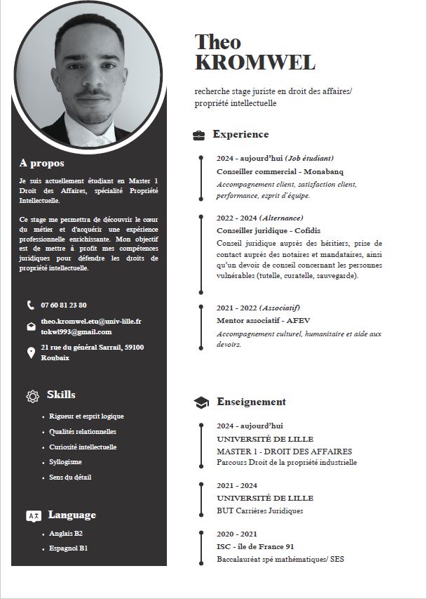 Candidature – Recherche de stage en Master 1 (droit des affaires spécialisé en propriété industrielle)