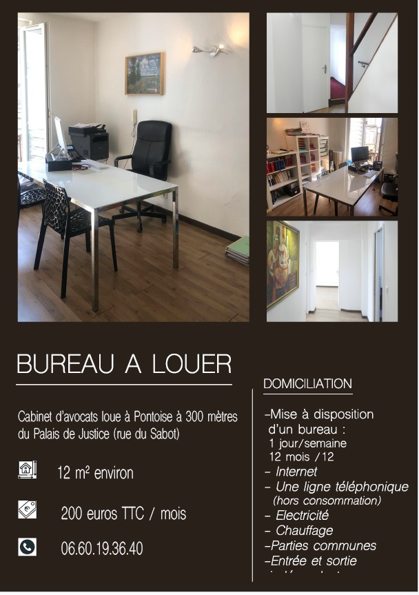 Location d’un bureau de 12m² à Pontoise (300 mètres du Palais de Justice)