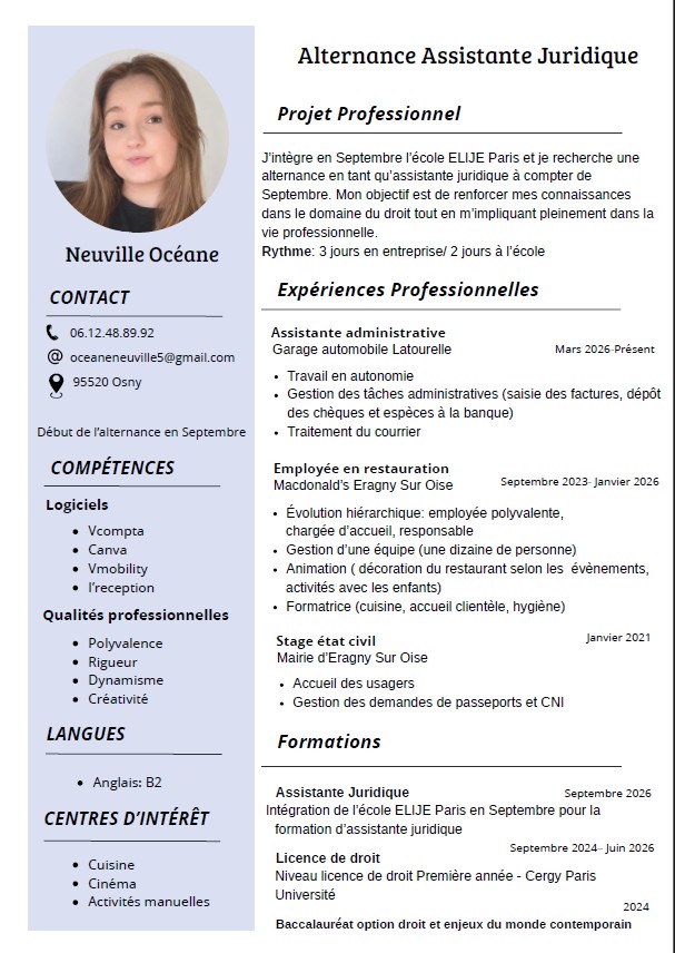 Candidature – Assistante juridique en alternance